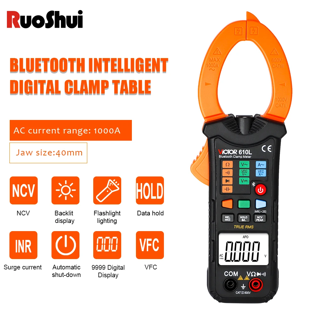 RuoShui 610L Bluetooth Digital Clamp Meter 10000 Counts Current Hz Ohm Resistance Capacitance LCD Ture RMS DC/AC Voltage Tester