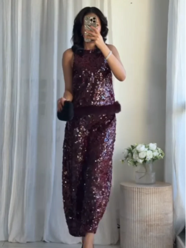 Women Sequin Pant Sets Faux Fur Patchwork O-neck Sleeveless Backless Vest Wide Leg Pant Suit 2026 Lady New Commute Street Outfit