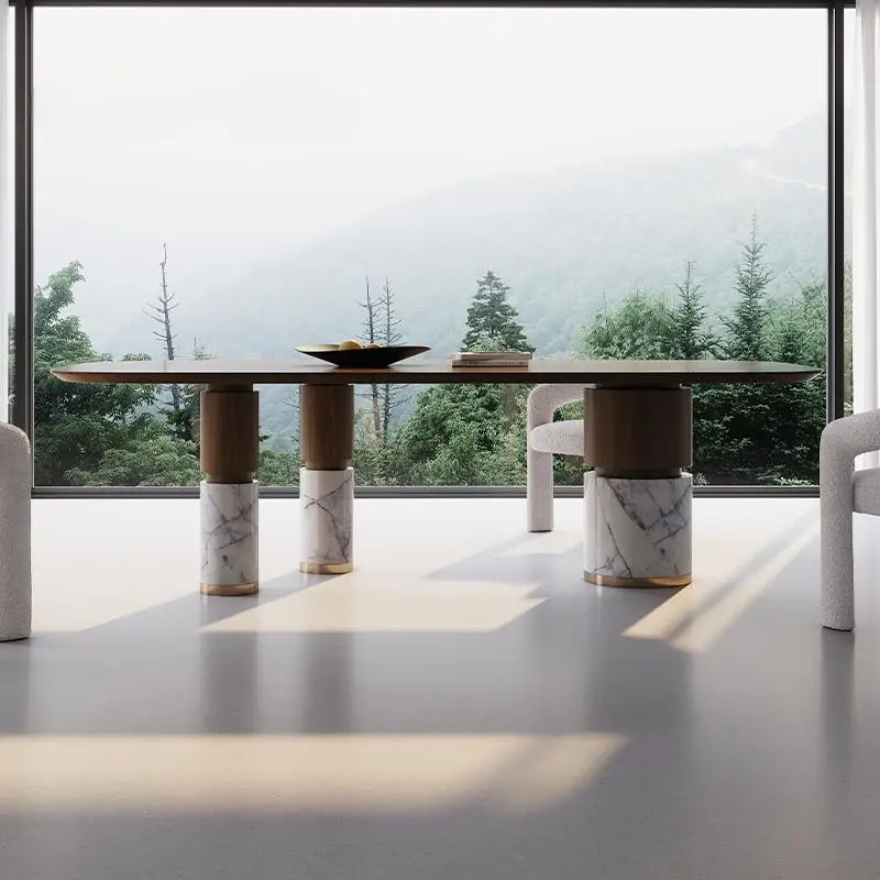 “Hand-Polished Snow Blossom Marble Table – Dramatic Veining Walnut Base, Custom Extra Long Villa Dining + Lifetime Warranty”