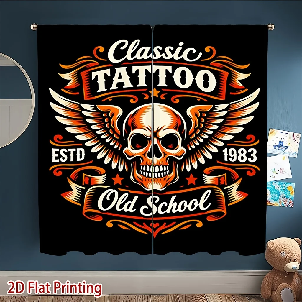 Old School Tattoo Style Blackout Curtains - Classic Winged Skull Graphic Window Drapes for Living Room Bedroom Decor
