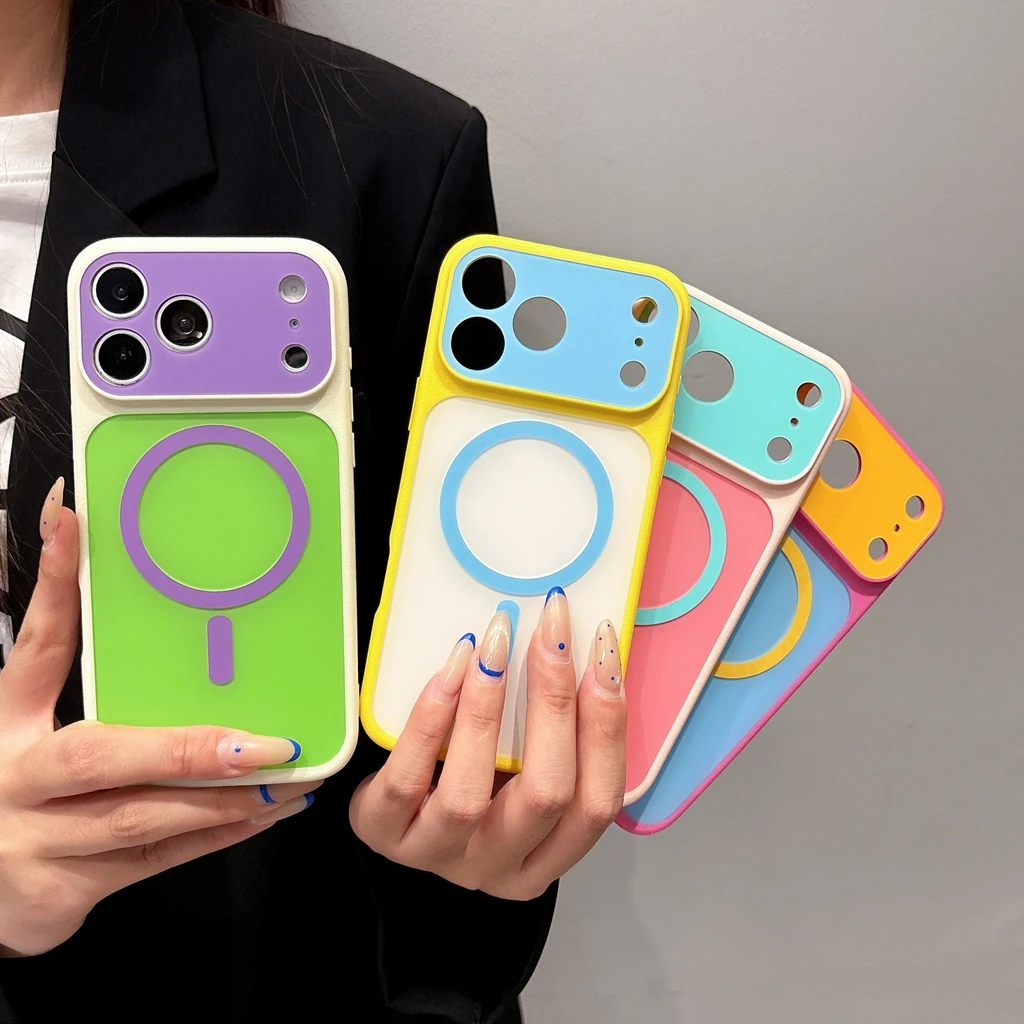 Korean Style Sweet Dopamine Color Collision Large Window Magnetic Shock Proof Phone Cover Case for iPhone 18 17 16 15 Pro Max