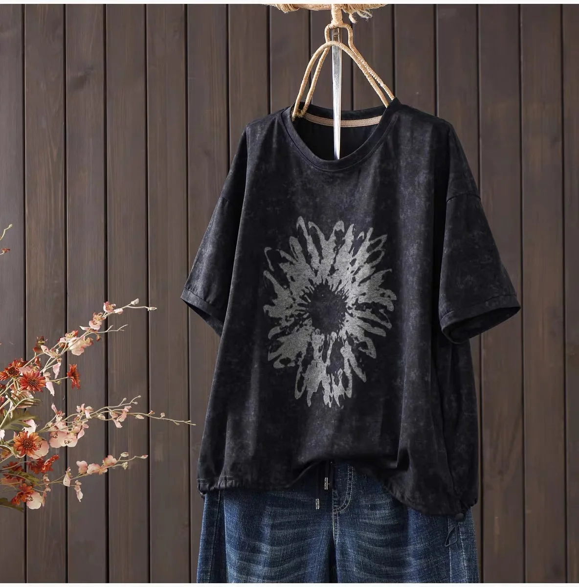 Women Vintage Cotton Washed Sunflower Print Short Sleeve T-Shirt Japan Fashion Oversized Tee with Adjustable Drawstring Hem