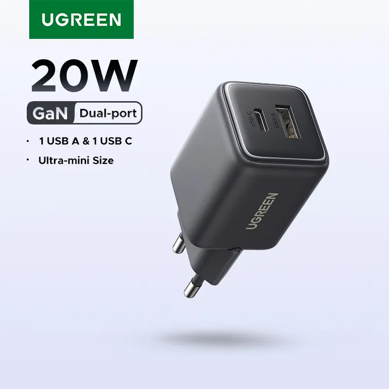 Cargador mini USB C UGREEN de 20W con tecnología GaN