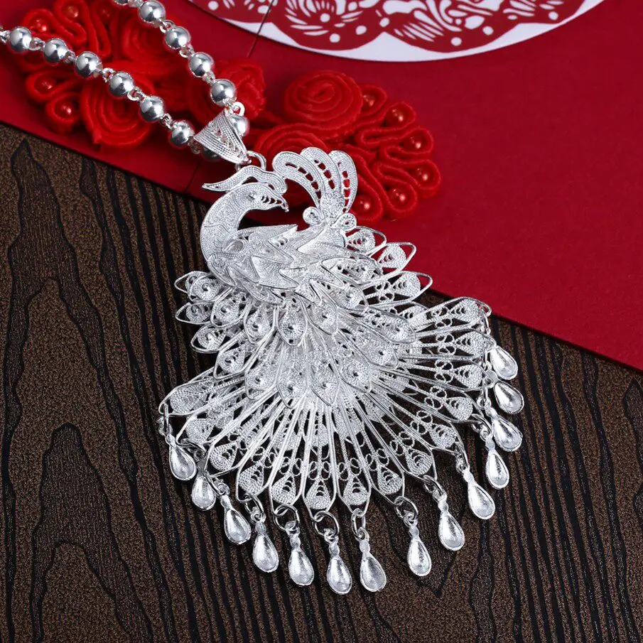 

Подвеска из настоящего серебра 990 пробы с павлином и фениксом, женское длинное ожерелье ручной работы с бисером, этническое винтажное украшение, цепочка для свитера, подарок