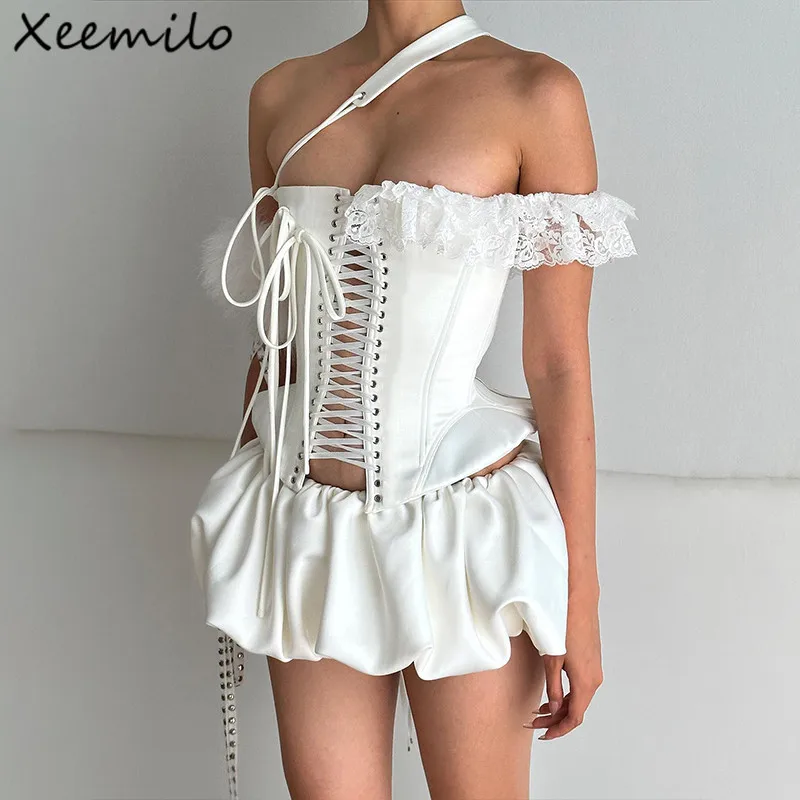 Xeemilo Hot Sexy Bandage Lace Strapless Tank Top With Elastic Waist Ruched Mini Skirts Elegant Evening Party Club Women Outfits