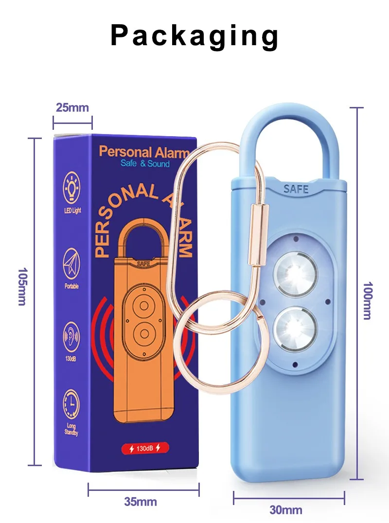2PCS Portable 130db Rechargeable Personal Alarm Keychain For Women's Self Defence And Personal Safety