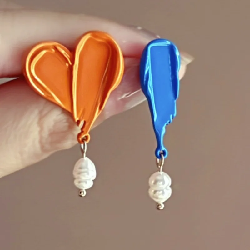 Colorful Enamel Asymmetrical Metal Pearl Drop Earrings for Women Girls Unique Fashion Romantic Jewelry Holiday Accessories