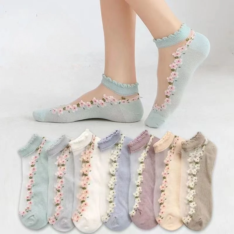 

Breathable Short Socks Japanese Cute Little Fresh Ins Short Floral Glass Silk Women Socks Spring Summer Thin Crystal Boat Socks