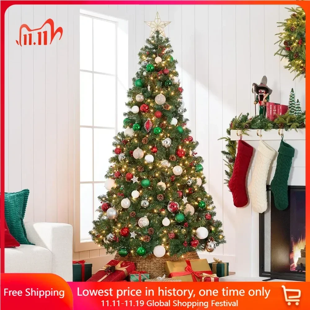 9ft Artificial Christmas Tree W/ 2,128 Tips,Pre-Lit Pre-Decorated Spruce Hinged Pinecones, Berries, 900 Lights,Christmas Trees