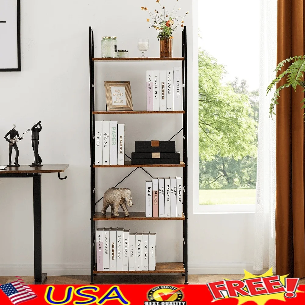 

5 Tier Modern Open Bookshelf MDF Storage Rack Living Room Office Home Decor Rust Wood Grain Design Stable Structure