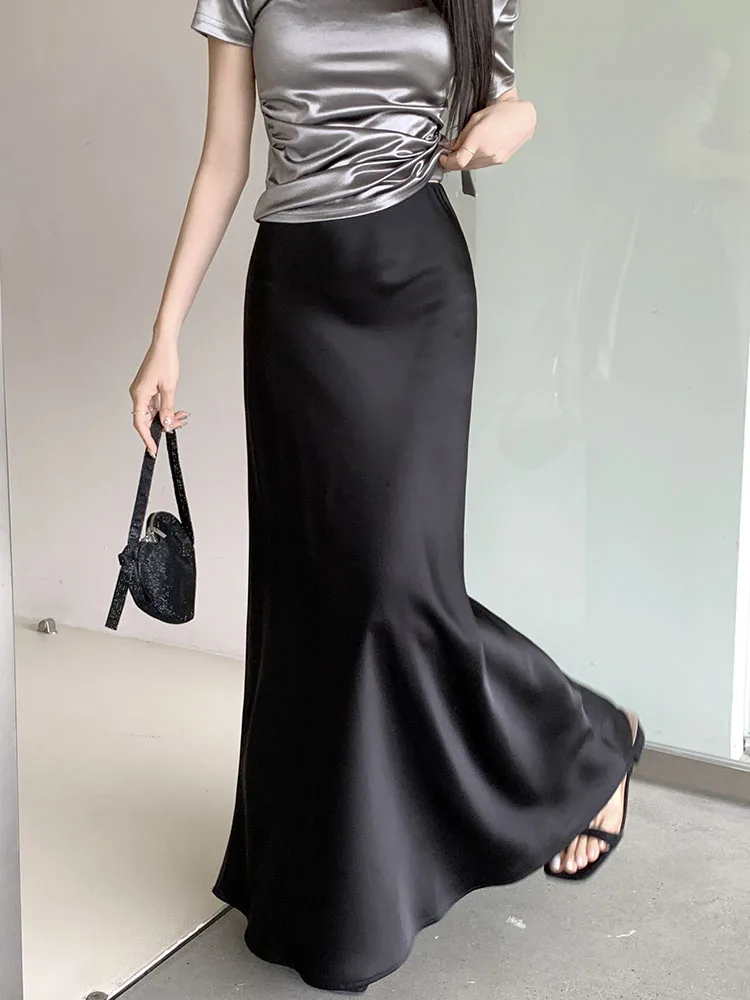 Kumikumi Pure Color Satin Versatile Half Skirt Women's Summer Elastic Waist Draped Slimming Fish Tail Long Skirt