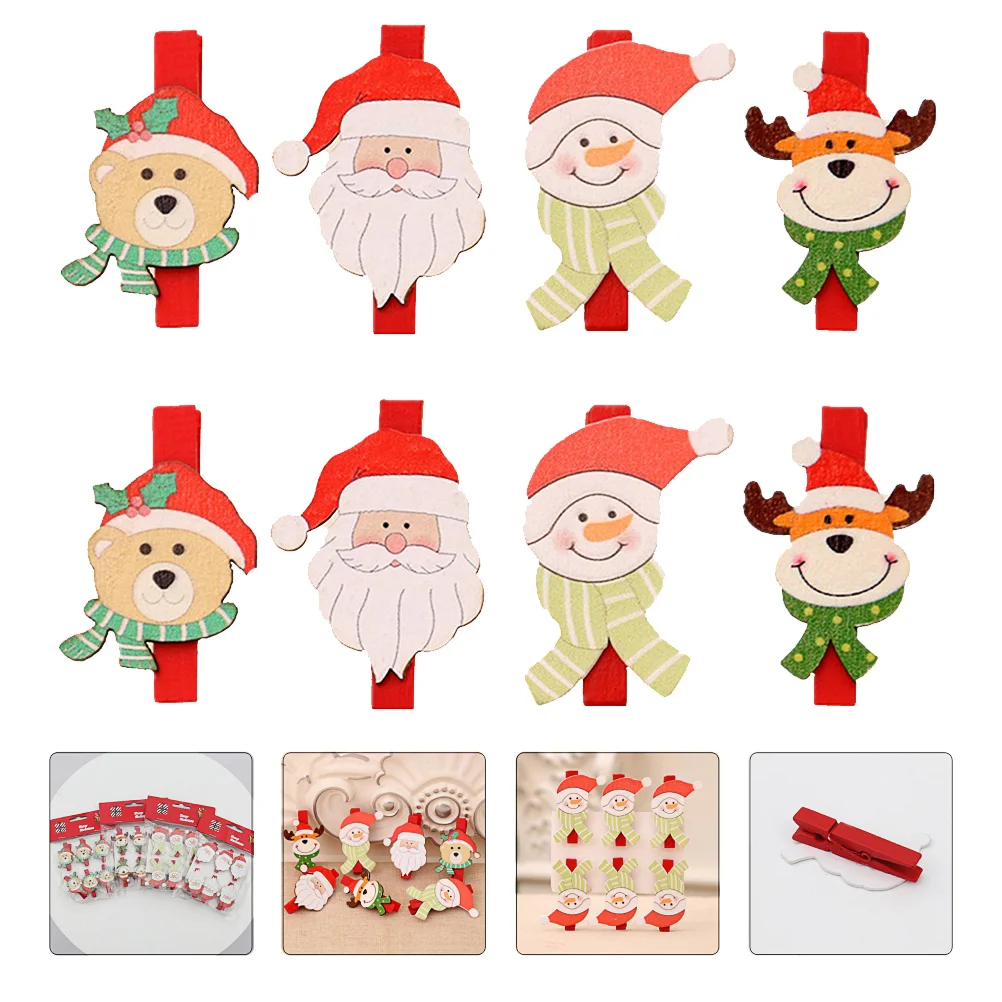 24 Pcs Cartoon Christmas Wooden Clip Clips Photo Pegs DIY Clothespins Paper Picture Memo Holder Decoration