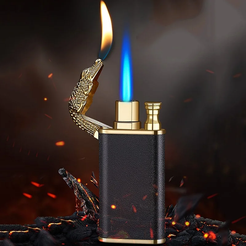 Cool Faucet Double Fire Lighter Jet Flame Open Flame Windproof Butane Gas Crocodile Lighter Men\'s Gift Small Toy Cigarette Tool