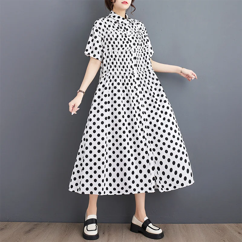 #3484 Black White Polka Dot Printed A-line Shirt Dress Short Sleeve Loose Pockets Vintage Office Midi Dress Female Vestidos Thin