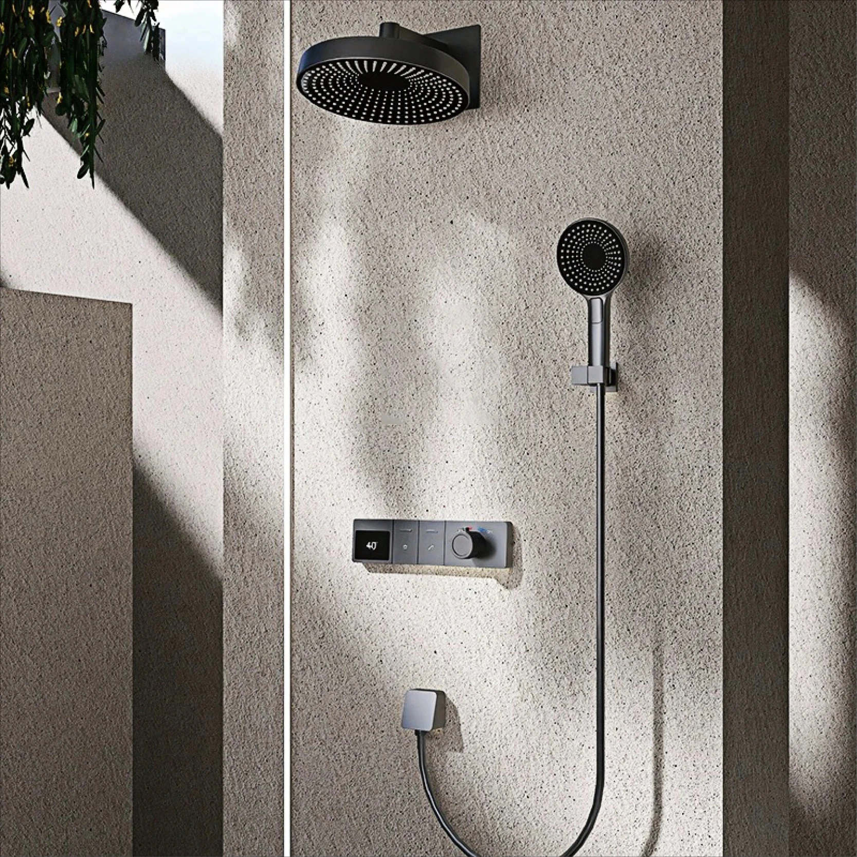 Luxury wall mounted brass gun gray shower system with hidden design LED digital display dual control bathroom faucet