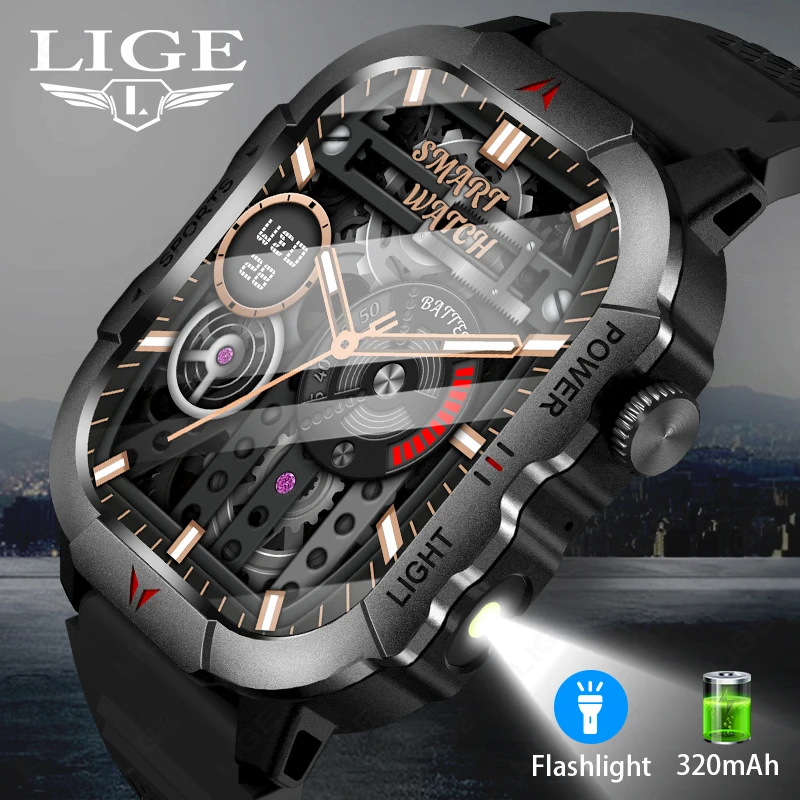 

LIGE New Outdoor Military LED Flashlight Smart Watch Men BT Call Smartwatch IP68 Waterproof Sports Fitness Tracker Men Watches