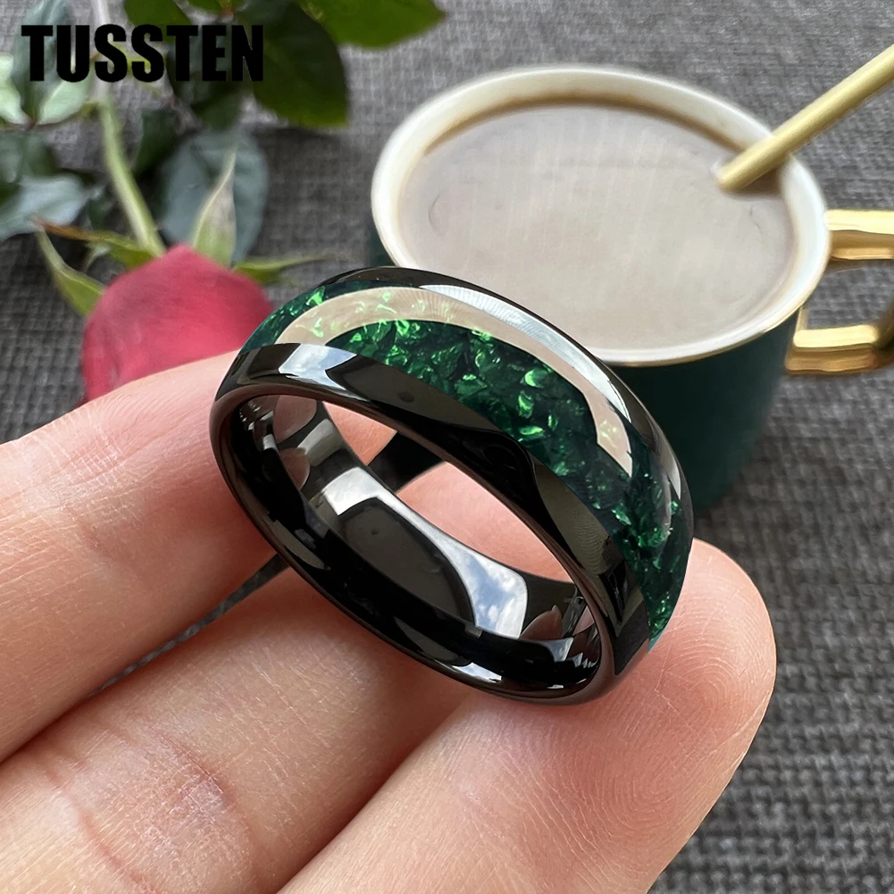 TUSSTEN 4/6/8MM anello nuziale in tungsteno da uomo e da donna intarsiato in pietra di cristallo verde vestibilità comoda