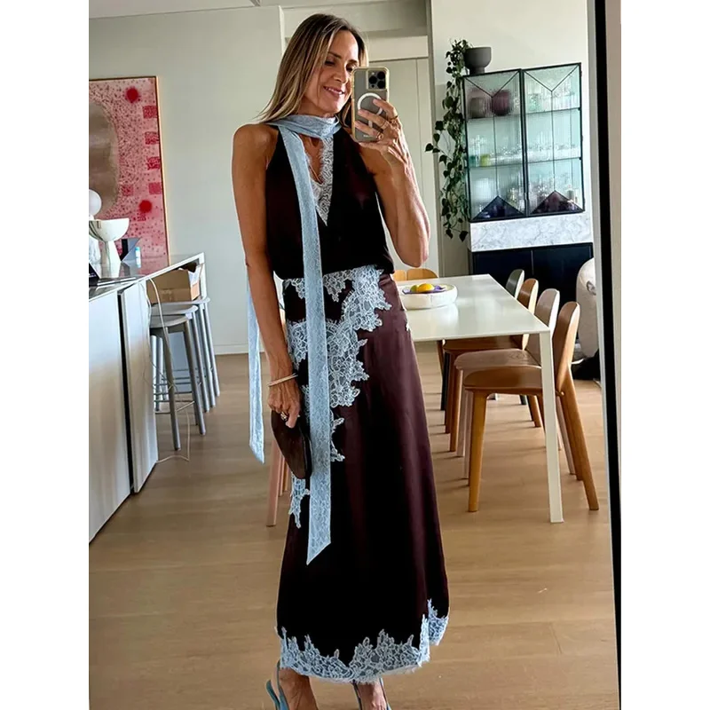

BKQU Contrast Patchwork Lace Skirt Suit Women Satin V-neck Sleeveless Tank Top Long Skirt 2 Piece Set Lady Summer Casual Outfits