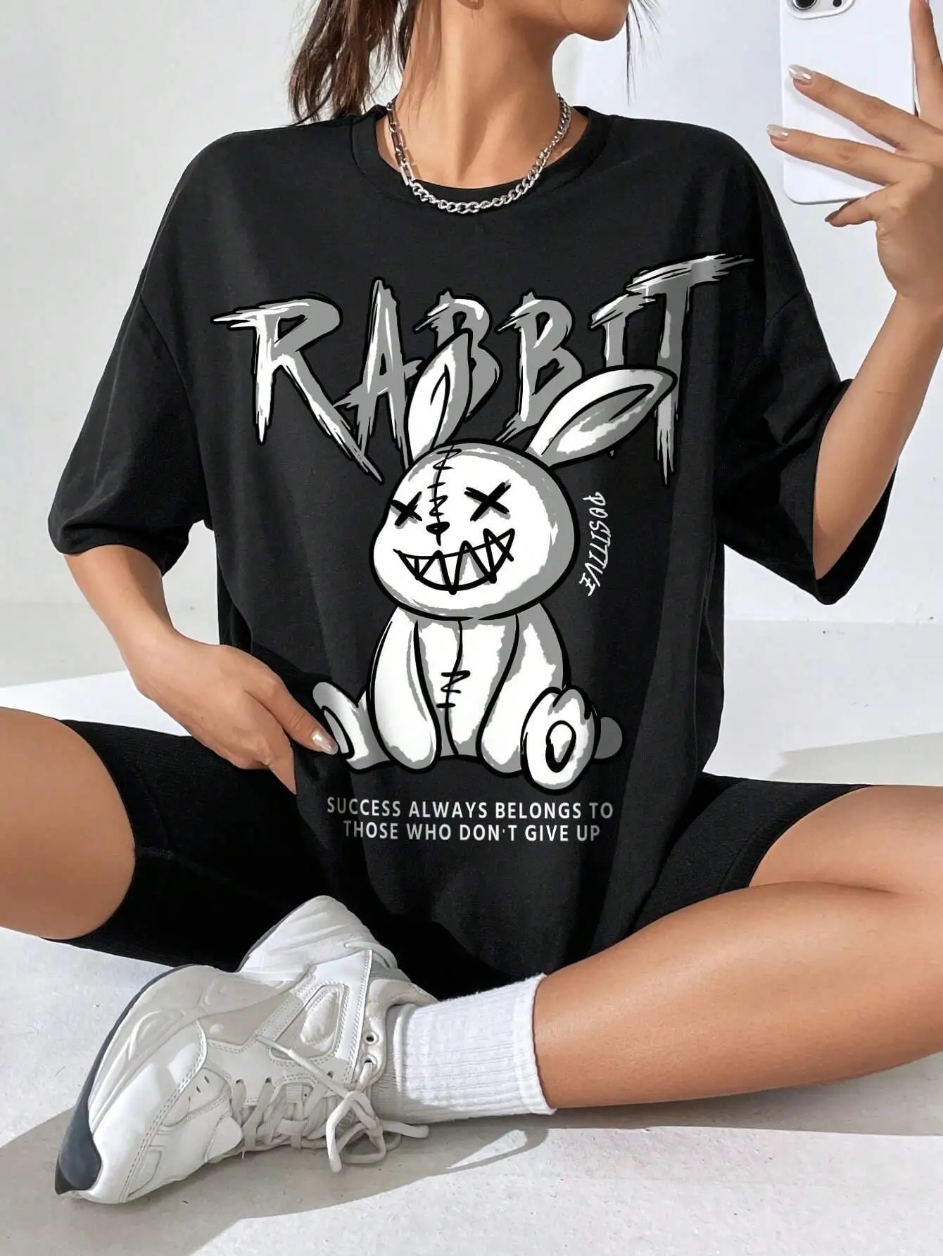 Kawaii Rabbit Printed Tops Cotton T-Shirts For Womens Fashion Casual Soft Short Sleeve Loose Tees Comfortable Street Clothes