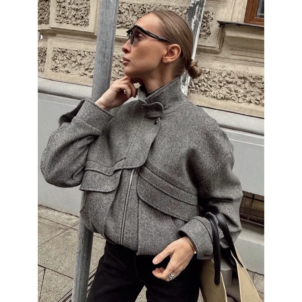 Herringbone Stand-up Collar Jacket New Zipper with Pockets in Autumn and Winter Loose Woolen Unique Texture Fashionable Casual