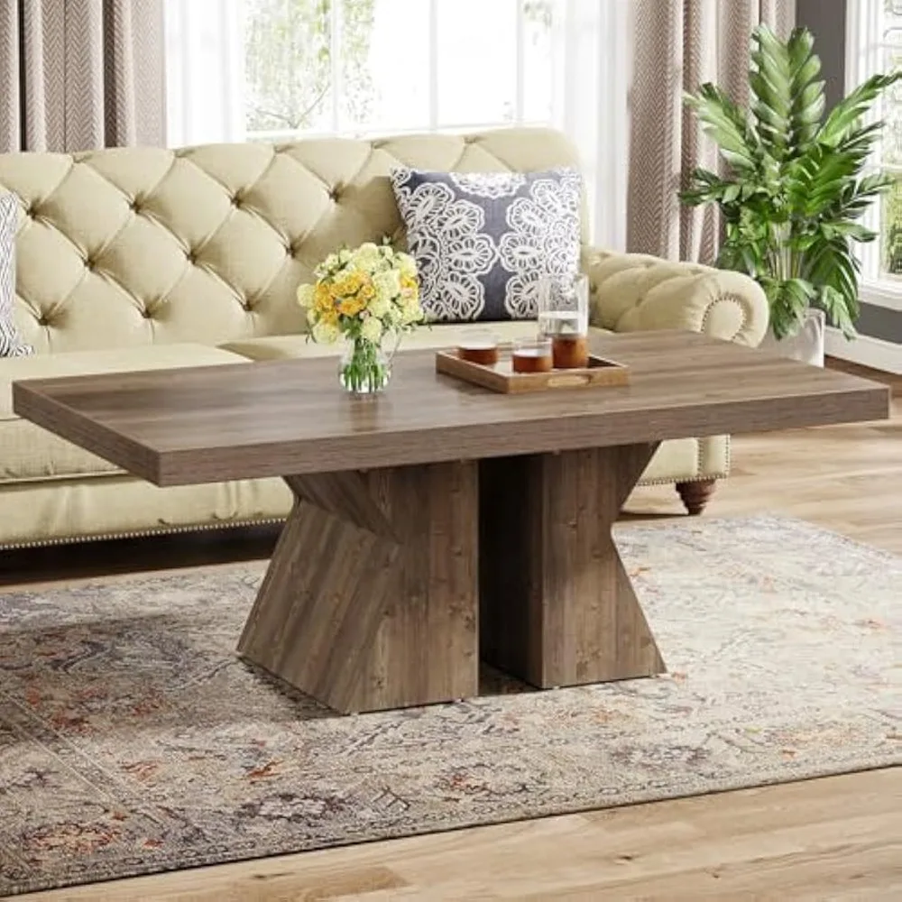 Wood Coffee Table, 47-Inch Rectangular Center Table with Thick Wooden Base, Farmhouse Wood-Look Cocktail Table for Living Room