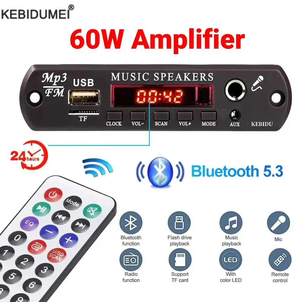 

60W Amplifier MP3 Decoder Board Bluetooth 5.3 Audio DC 12V WMA Music Player Module 6.5mm Mic TF Card USB FM With Time Display