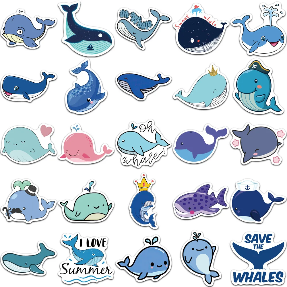 10/30/50pcs Cute Whale Cartoon Children Stickers For Toy Luggage Laptop Ipad Skateboard  Phone Notebook Stickers Wholesale