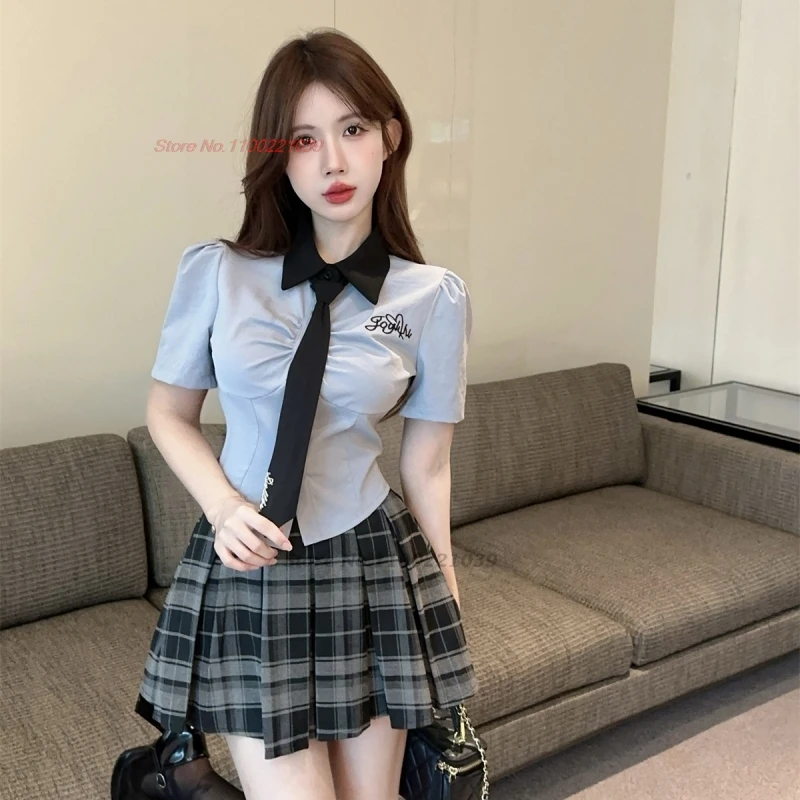 2025 short sleeve uniform set sweet girl's japanese and korean academy two piece set blue shirt +plaid skirt +bow set jk uniform