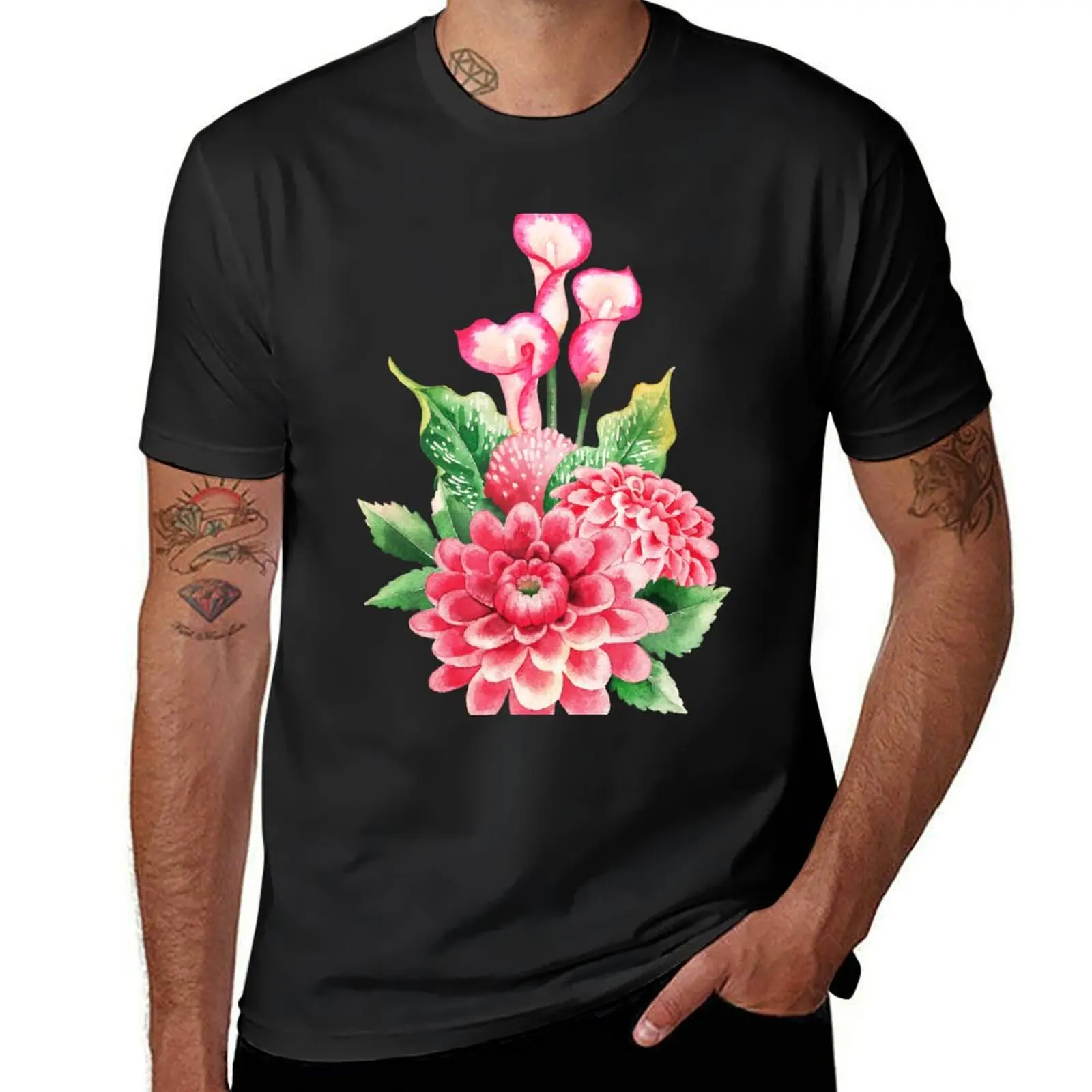 

Watercolor bouquet of dahlia and calla lily flowers T-Shirt for a boy anime figures Men's cotton t-shirt