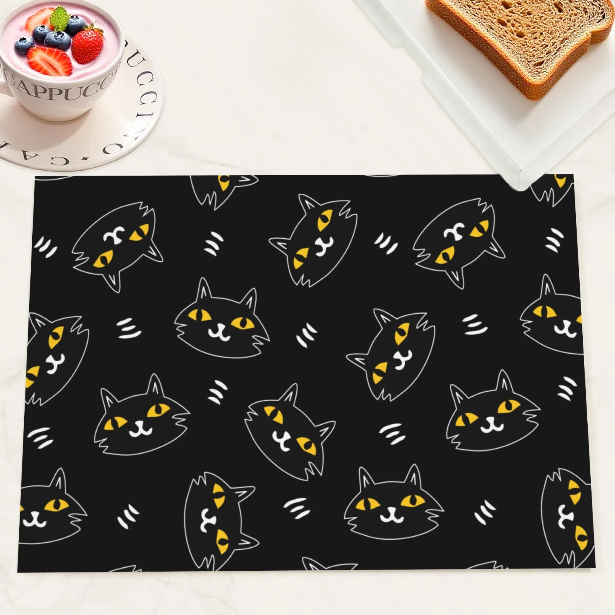 แผ่นรองจานลายแมวน่ารัก สีดำ ตาเหลือง ลายขาว สำหรับตกแต่งโต๊ะอาหารในครอบครัวและเด็กๆ
