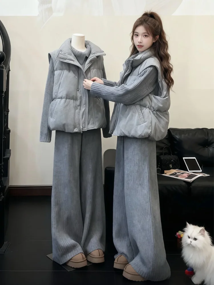 

Fashionable Grey down Cotton Vest Knitted Sweater Casual Pants Set Women's High-End Autumn Winter Three-Piece Suit Asymmetric...