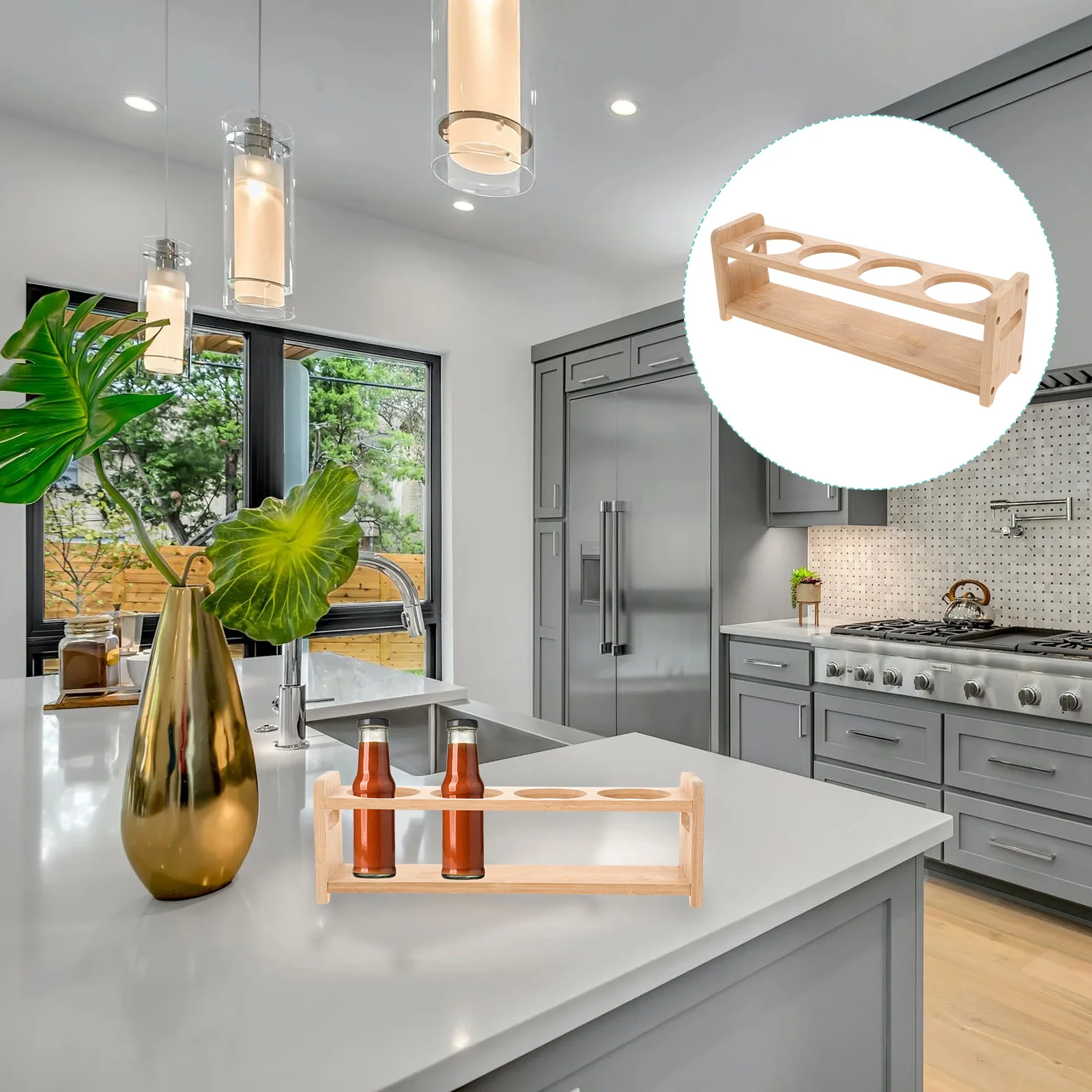 

Wooden Spice Rack Multipurpose Four-Holes Seasoning Bottle Storage Rack Kitchen Condiment Organizer Home Essentials