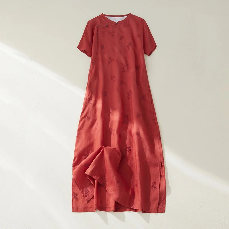 

Ele Вышитый хлопок и лен ort Sve Длинное платье на пуговицах с разрезом спереди для женщин больших размеров Лето Винтаж Свободное...