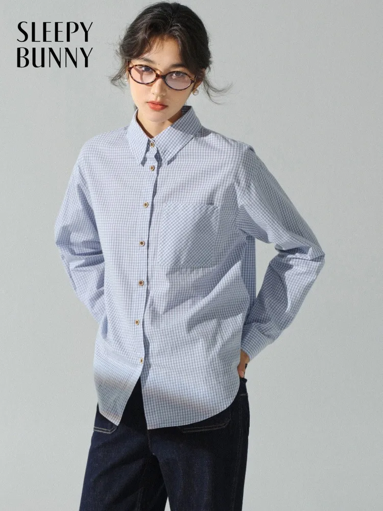 

Женская винтажная синяя хлопковая рубашка в клетку с длинным рукавом, повседневный топ для офиса, ретро-блузка для поездок на работу, элегантный женский стиль