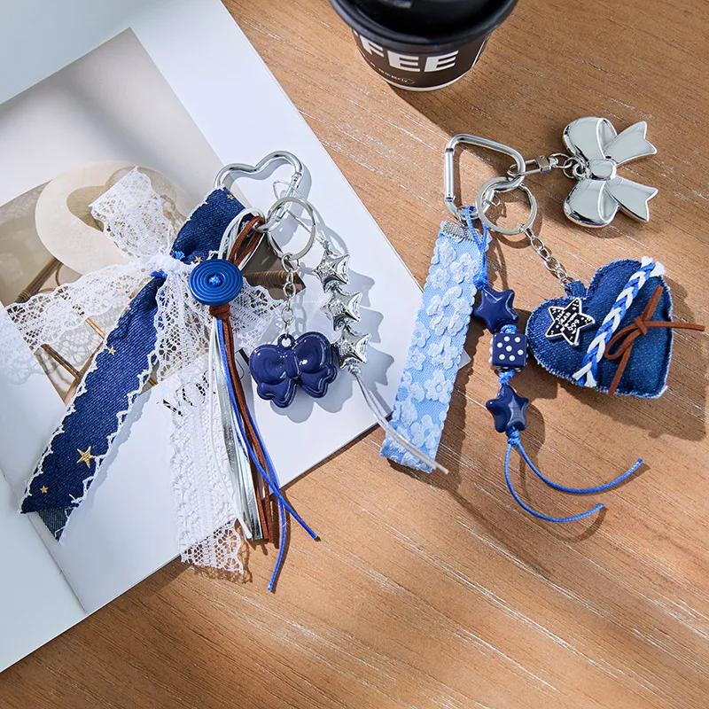 

MINISO Extreme Series Pendant Retro Sweet Cool Denim Blue Silver Star Bag Pendant School Bag Lanyard Keychain Decoration
