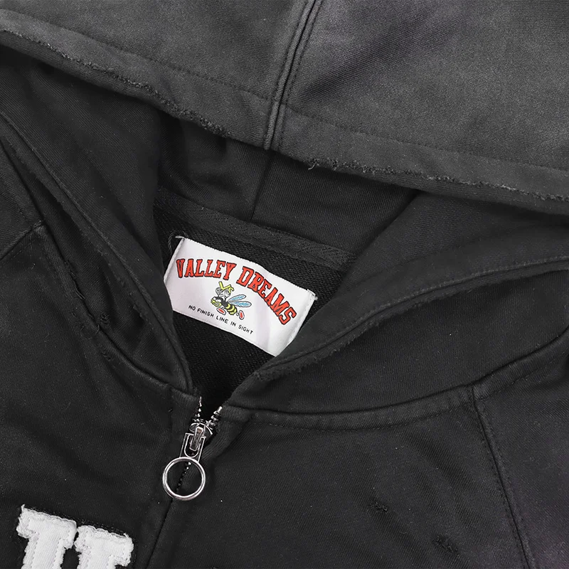 New VALLEY Faded Black Zip Hoodie Splash Paint Spot Distressed Letter Print Oversized Men Hooded Sweatshirt