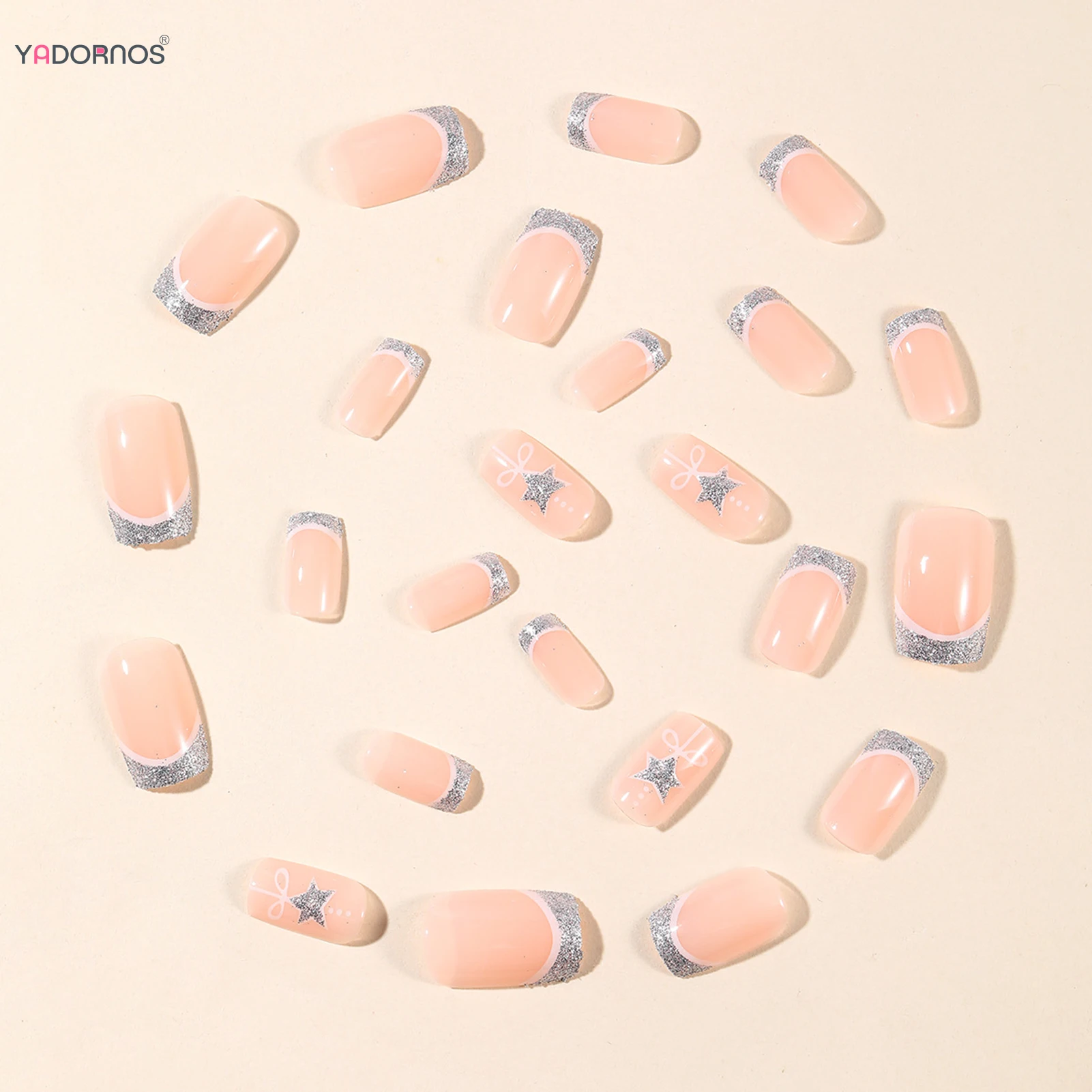 Naakt kleur vierkante nepnagels voor kerstfeest zilveren Franse pers op nagels ster/strik ontwerpen herbruikbare kunstnagels patches