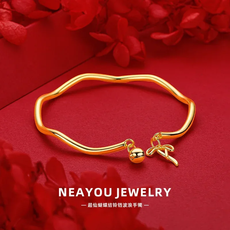 

9999 Real Gold 24K New Princess on the Run Super Fairy Sweet Bow Wave Bracelet Tassel Bow Bell Bracelet
