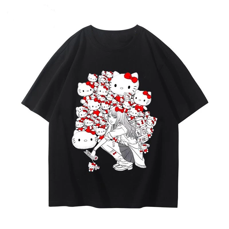 New  Hello Kitty Junji Ito Tomie T-shirts Cute Pattern Printing Retro Trendy Pure Cotton Anime Men and Women Short Sleeve