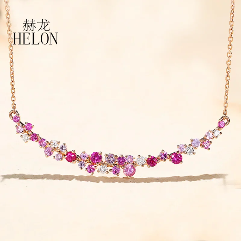 HELON Solid 14k AU585 Rose/White Gold Round Cut 1ct Pink/Blue Sapphires Smile Necklace For Women Real Diamonds Chain Pendant