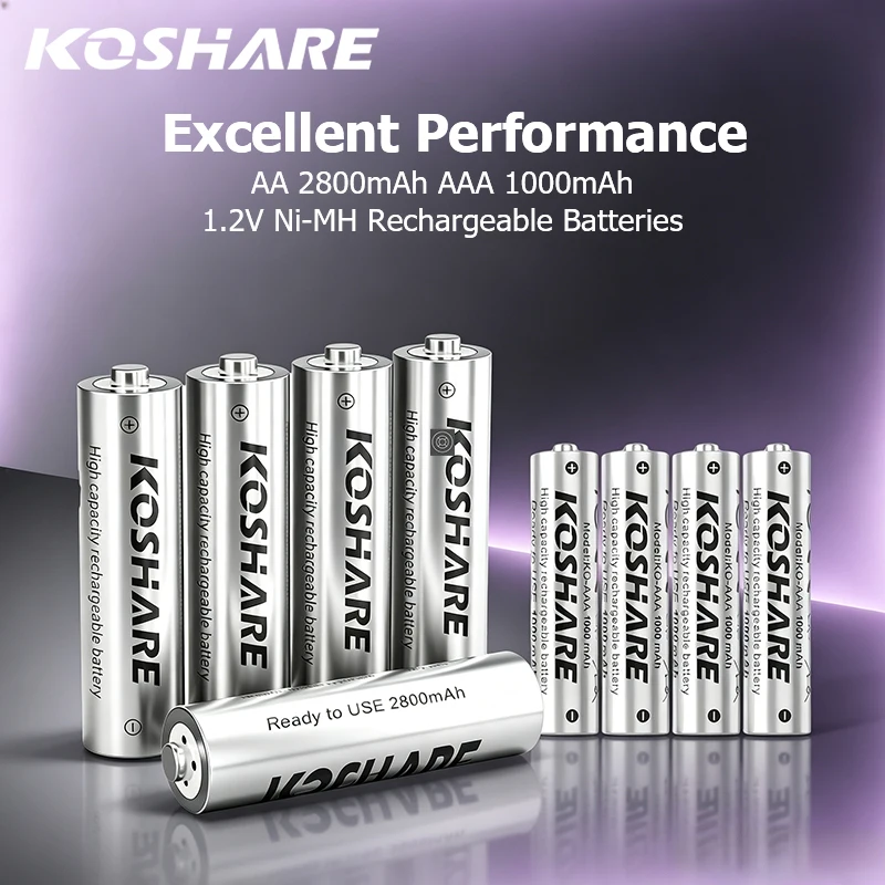 KOSHARE 1.2V Ni-MH Rechargeable Battery AA AAA 2800mAh 1000mAh High Capacity Low-Self For Flashlight Toys Portable Audio Players