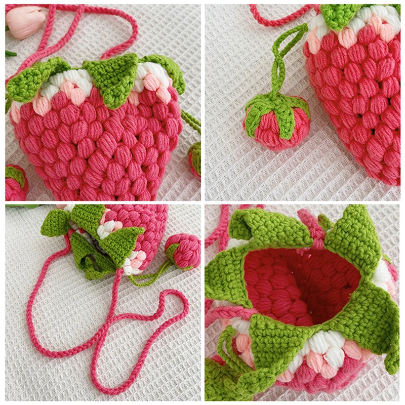 حقيبة نسائية لطيفة على شكل فراولة بتصميم فواكه صغيرة حقائب كروس مصنوعة يدويًا حقائب يد منسوجة للتسوق في الهواء الطلق والتنزه وجيب برباط