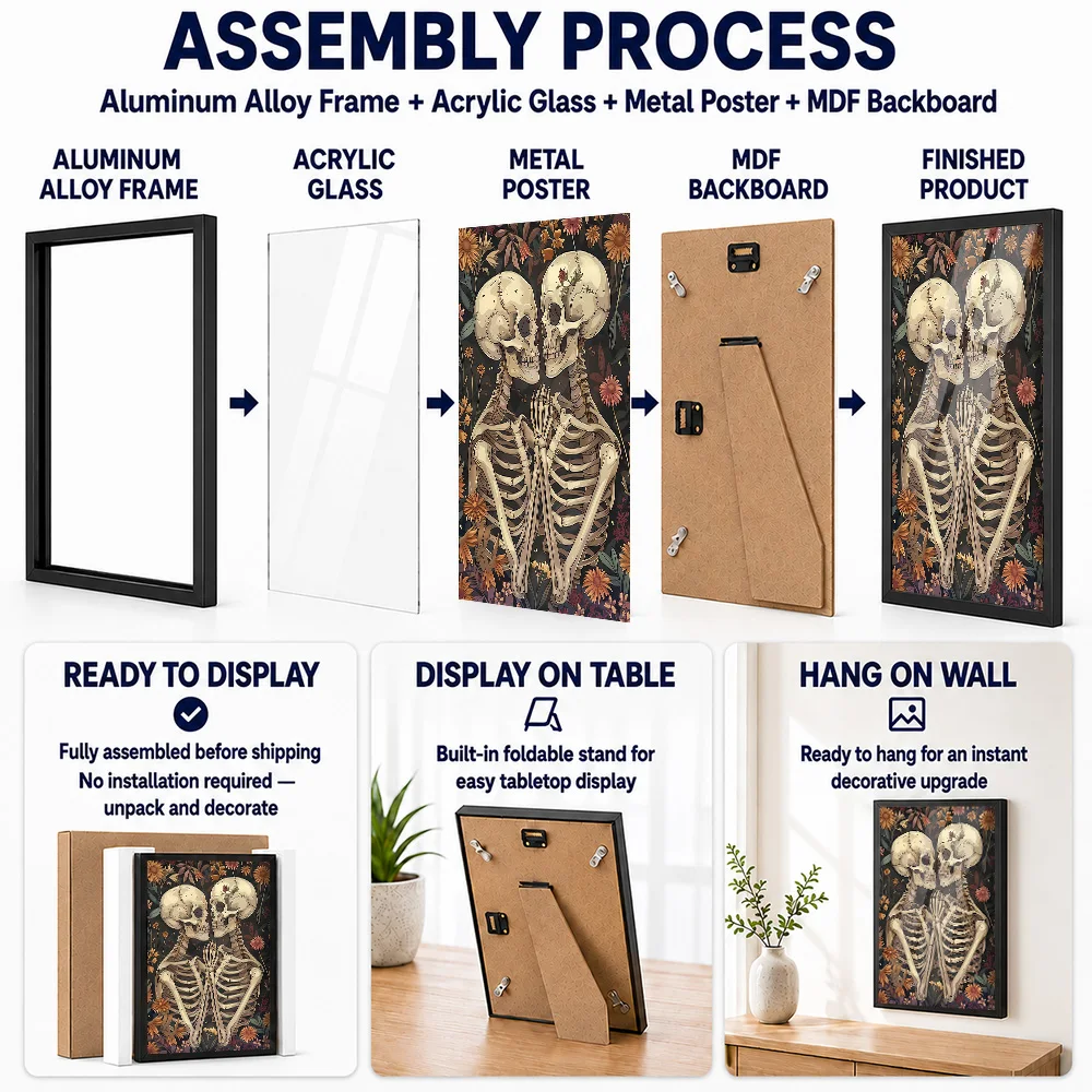 Skeleton Couple Embracing Metal Poster With Aluminum Alloy Frame Personalized Surreal Wall Art For Games Room And Home Theater