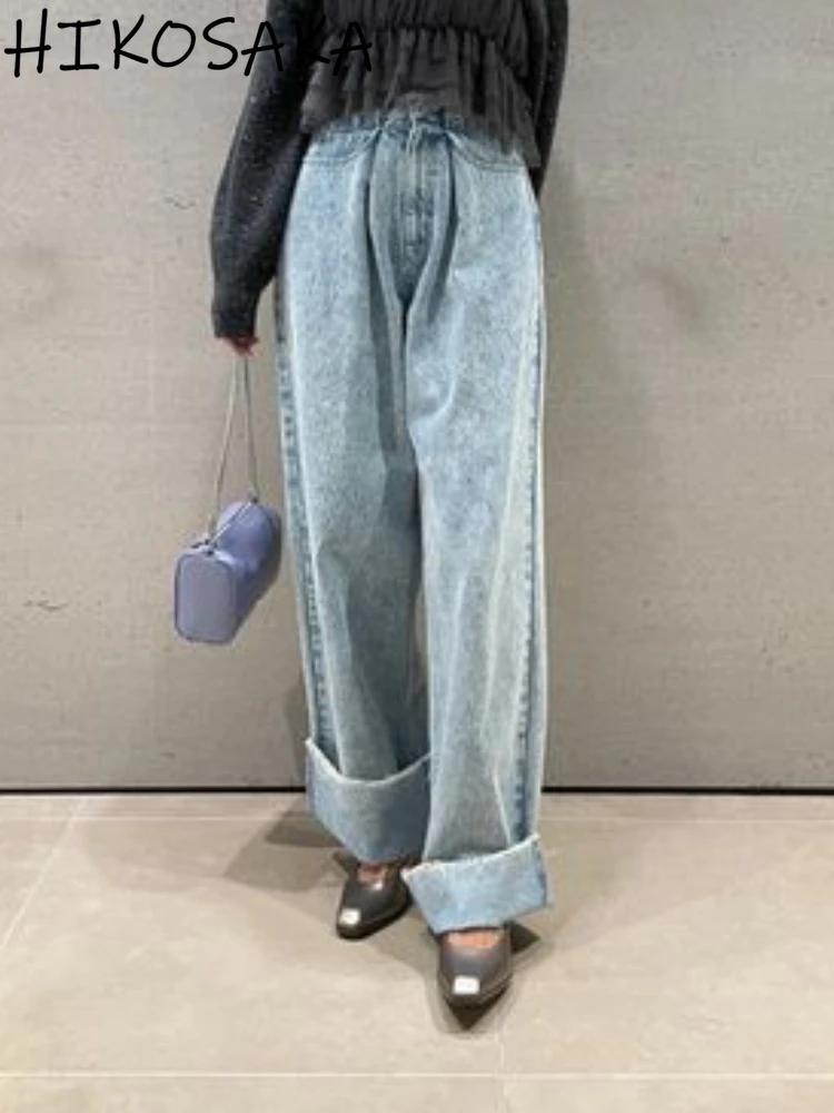 

Vintage High Wasit Pleated Denim Jeans Loose Casual Curled Edge Wide Leg Pants 2024 New All-match Japanese Cowboy Trousers