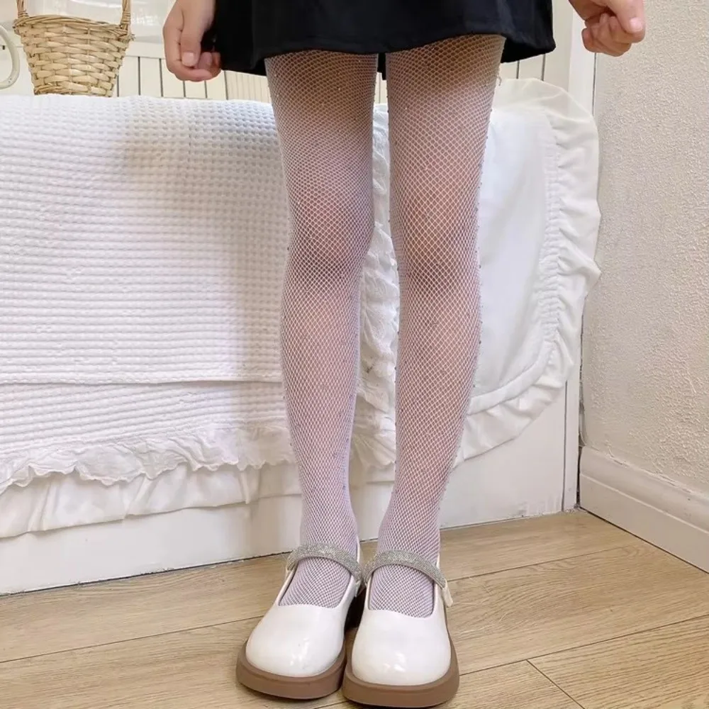 Stretchy Fabric Rhinestone Fishnet Stockings Hollow Lace Design Shining Diamond Texture Kids Sparkle Tights
