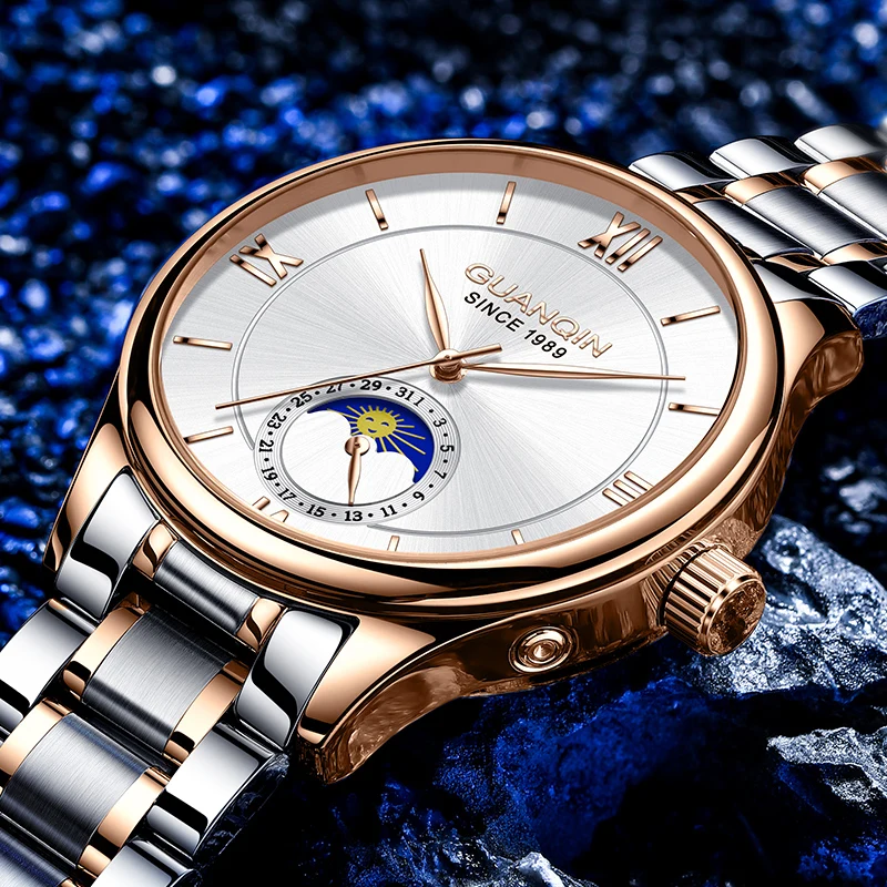 Мужские часы GUANQIN, роскошные автоматические механические стальные кожаные часы с календарем и фазой Луны, деловые водонепроницаемые мужские часы для отдыха