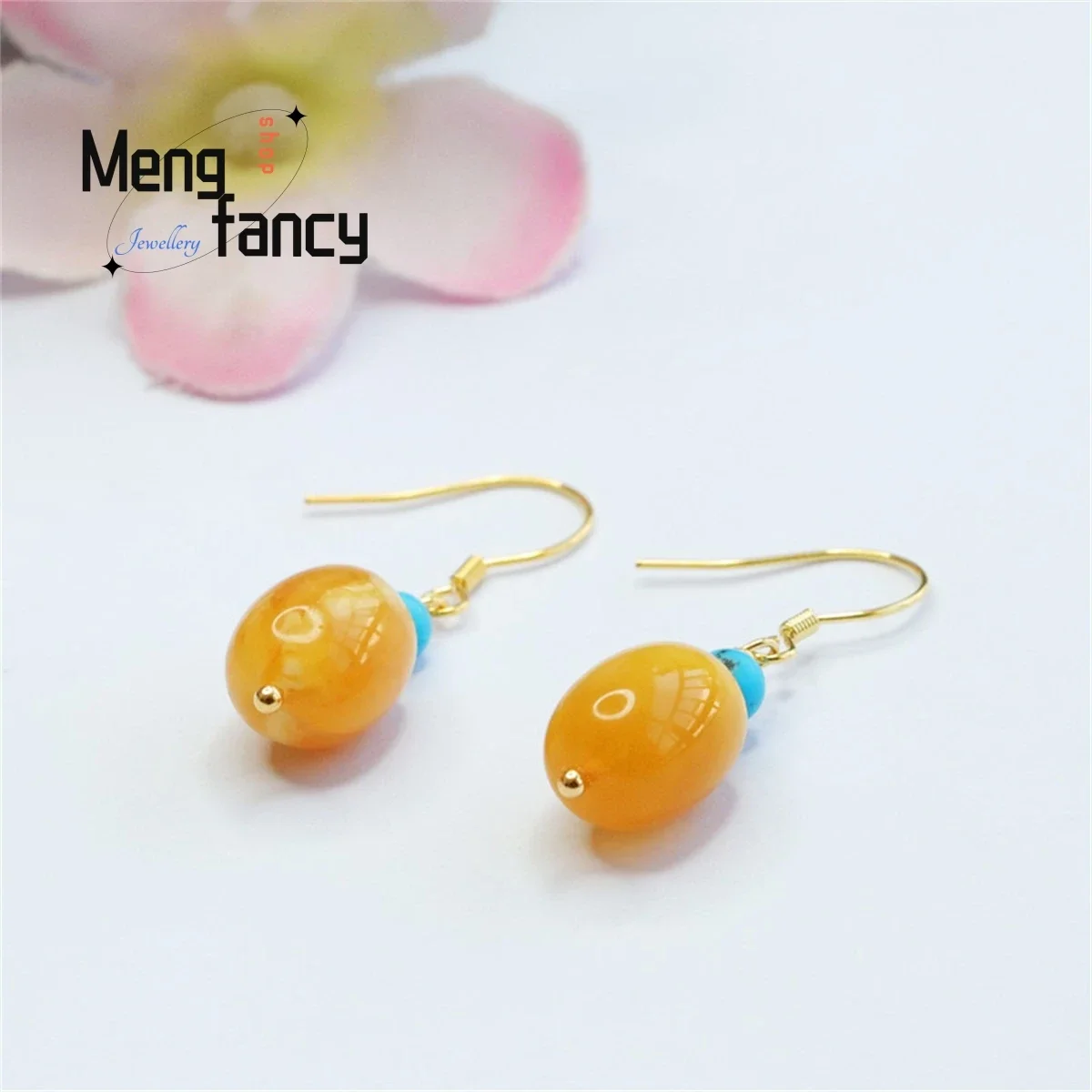 Natural S925 Silver Inlaid Amber Honey Wax Road Pass Earrings Simple Personalized Retro Charm Fashion Luxury Women Fine Jewelry