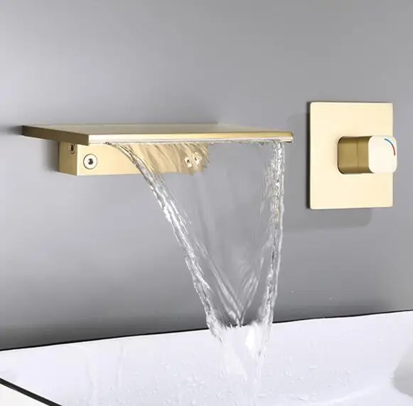 

Wall Mount Brushed Gold Faucet Waterfall Faucet Bathroom Washroom Lavatory Faucet Mixer Tap