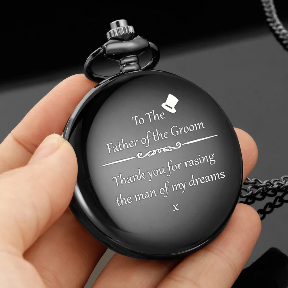 

To the father of the groom carving english alphabet face pocket watch a belt chain Black quartz watch birthday perfect gift