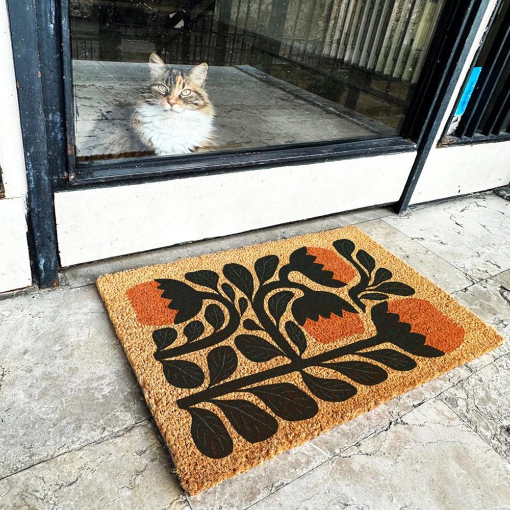 Black Floral Door Mat Boho Modern Style Flower Entryway Hallway Floor Carpet Home Porch Doormat Durable Non Slip Artistic Rug